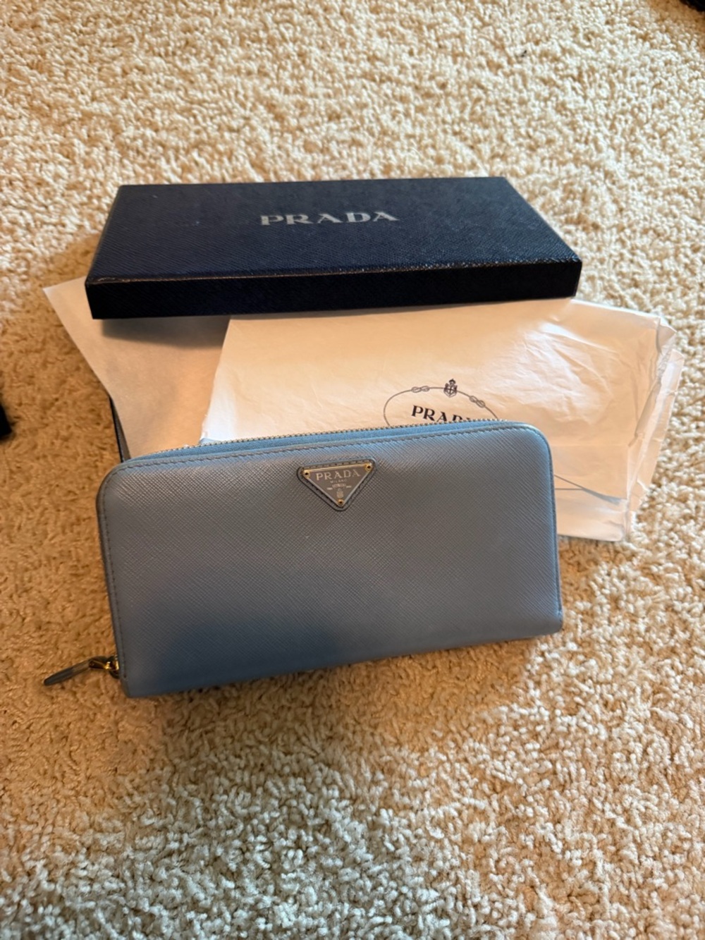 Prada Gray Zip-Around Saffiano Leather Wallet with Gold Hardware